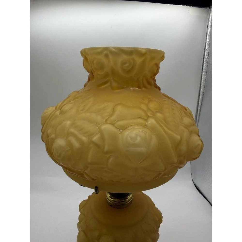 Fenton L.G. Wright Honey Amber Cased Glass Embossed Roses Electric Table Lamp